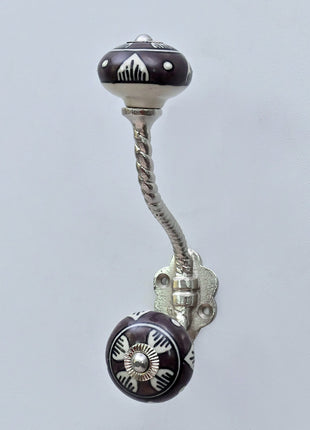 Dark Brown & White Traditional Pattern Ceramic Knob With Metal Wall Hanger