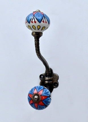 Blue & Red Floral Ceramic Knob With Metal Wall Hanger
