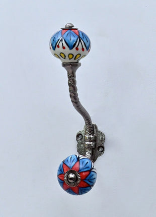 Blue & Red Floral Ceramic Knob With Metal Wall Hanger