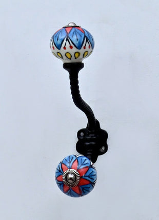 Blue & Red Floral Ceramic Knob With Metal Wall Hanger