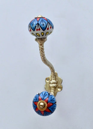 Blue & Red Floral Ceramic Knob With Metal Wall Hanger
