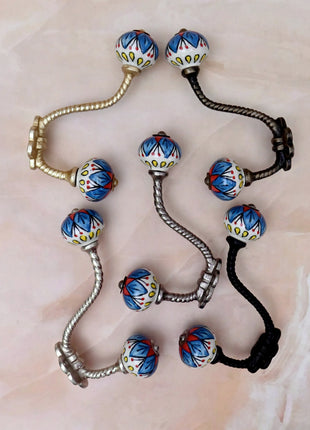 Blue & Red Floral Ceramic Knob With Metal Wall Hanger