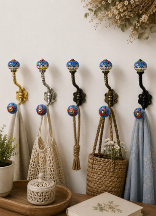 Blue & Red Floral Ceramic Knob With Metal Wall Hanger