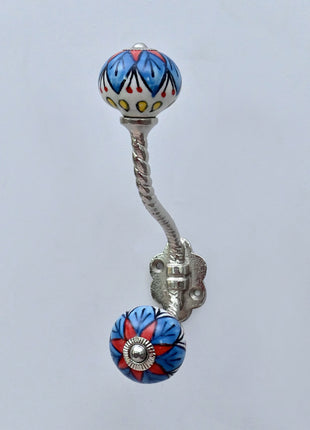 Blue & Red Floral Ceramic Knob With Metal Wall Hanger