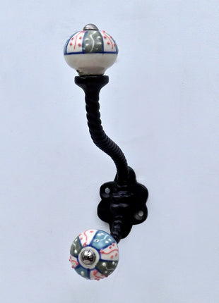 Multicolor Geometric Floral Pattern Ceramic Knob With Metal Wall Hanger