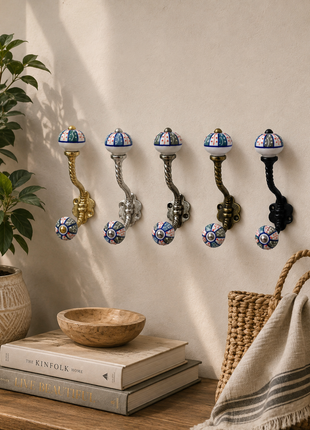 Multicolor Geometric Floral Pattern Ceramic Knob With Metal Wall Hanger