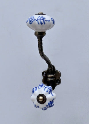 Blue Design on White Ceramic Knob With Metal Wall Hanger