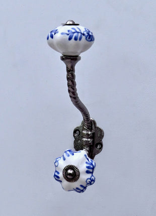 Blue Design on White Ceramic Knob With Metal Wall Hanger