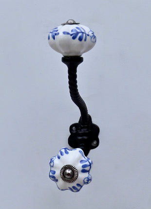 Blue Design on White Ceramic Knob With Metal Wall Hanger