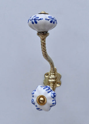 Blue Design on White Ceramic Knob With Metal Wall Hanger