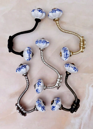 Blue Design on White Ceramic Knob With Metal Wall Hanger