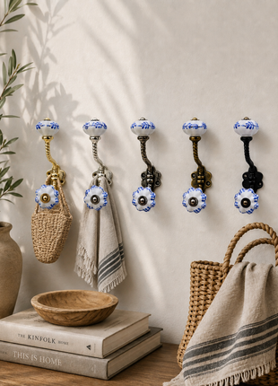 Blue Design on White Ceramic Knob With Metal Wall Hanger