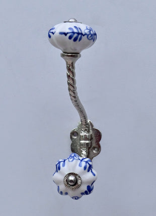 Blue Design on White Ceramic Knob With Metal Wall Hanger