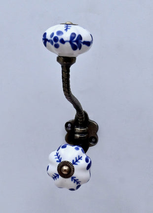 Blue Floral on White Ceramic Knob With Metal Wall Hanger