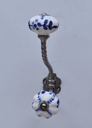 Blue Floral on White Ceramic Knob With Metal Wall Hanger