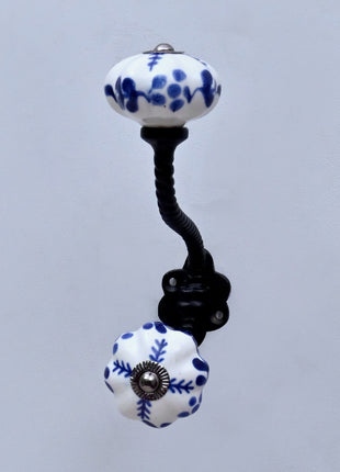 Blue Floral on White Ceramic Knob With Metal Wall Hanger