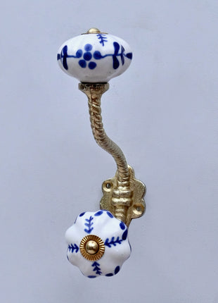 Blue Floral on White Ceramic Knob With Metal Wall Hanger