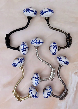 Blue Floral on White Ceramic Knob With Metal Wall Hanger