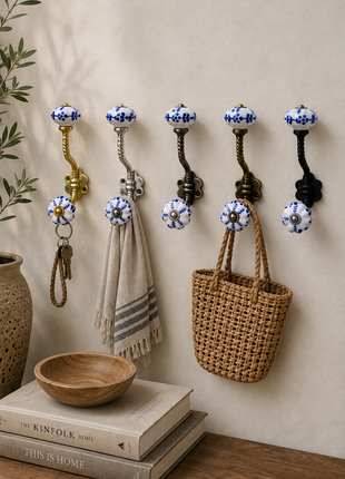 Blue Floral on White Ceramic Knob With Metal Wall Hanger