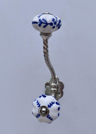 Blue Floral on White Ceramic Knob With Metal Wall Hanger