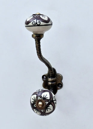 Brown & White Flower Ceramic Knob With Metal Wall Hanger