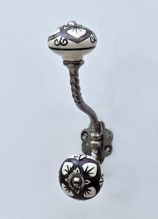 Brown & White Flower Ceramic Knob With Metal Wall Hanger