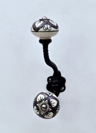 Brown & White Flower Ceramic Knob With Metal Wall Hanger
