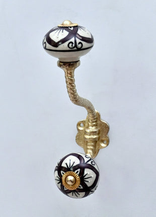 Brown & White Flower Ceramic Knob With Metal Wall Hanger