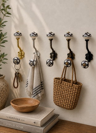 Brown & White Flower Ceramic Knob With Metal Wall Hanger