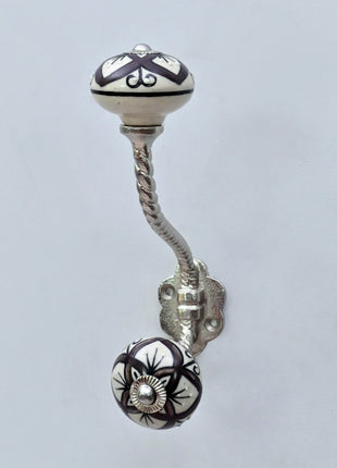 Brown & White Flower Ceramic Knob With Metal Wall Hanger