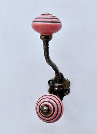 Pink & Black Striped Ceramic Knob With Metal Wall Hanger