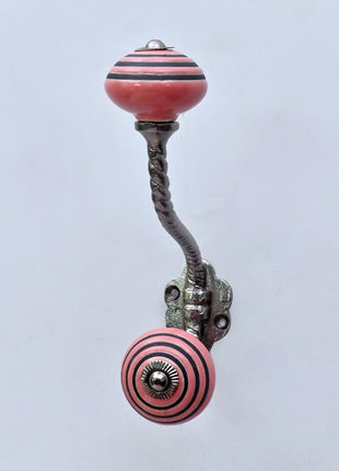 Pink & Black Striped Ceramic Knob With Metal Wall Hanger