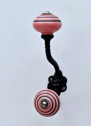 Pink & Black Striped Ceramic Knob With Metal Wall Hanger