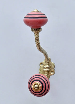 Pink & Black Striped Ceramic Knob With Metal Wall Hanger