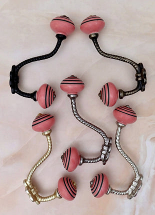 Pink & Black Striped Ceramic Knob With Metal Wall Hanger