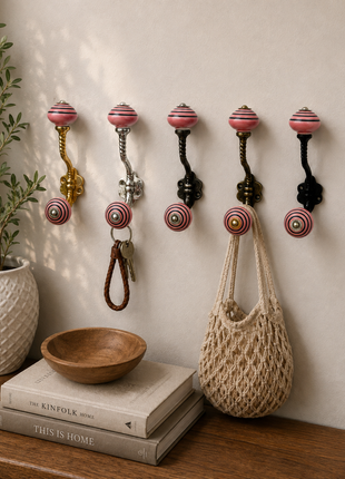 Pink & Black Striped Ceramic Knob With Metal Wall Hanger