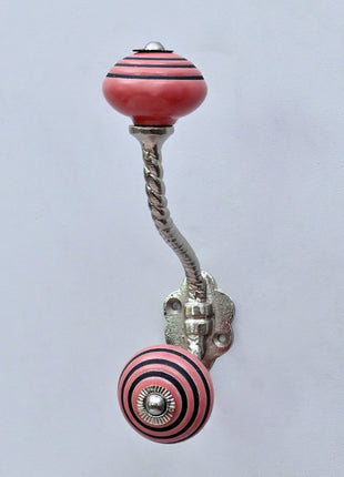 Pink & Black Striped Ceramic Knob With Metal Wall Hanger
