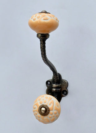Yellow Floral Embossed Ceramic Knob With Metal Wall Hanger