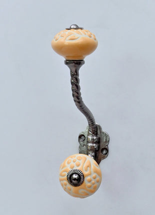 Yellow Floral Embossed Ceramic Knob With Metal Wall Hanger