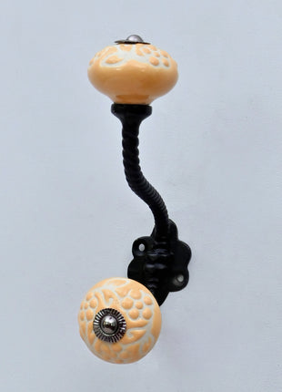 Yellow Floral Embossed Ceramic Knob With Metal Wall Hanger