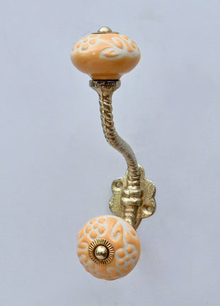 Yellow Floral Embossed Ceramic Knob With Metal Wall Hanger