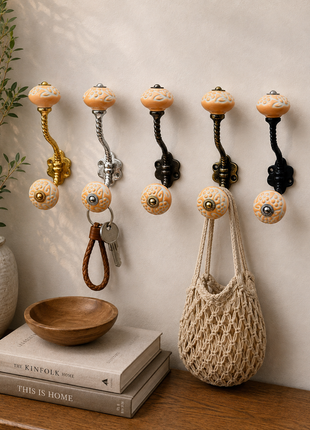 Yellow Floral Embossed Ceramic Knob With Metal Wall Hanger