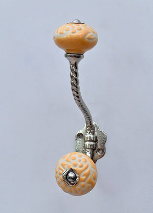 Yellow Floral Embossed Ceramic Knob With Metal Wall Hanger