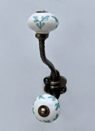Mint Green Leaf Patterned Ceramic Knob With Metal Wall Hanger
