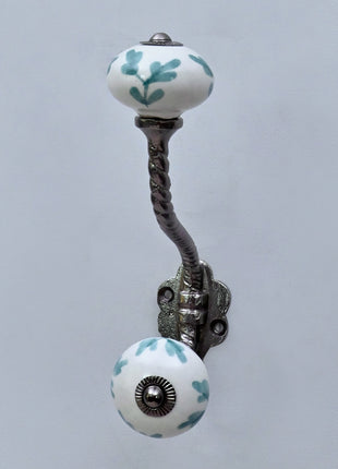 Mint Green Leaf Patterned Ceramic Knob With Metal Wall Hanger