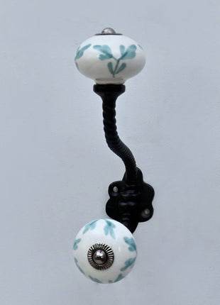 Mint Green Leaf Patterned Ceramic Knob With Metal Wall Hanger