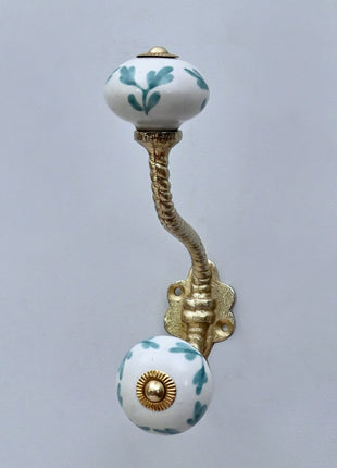 Mint Green Leaf Patterned Ceramic Knob With Metal Wall Hanger