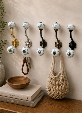 Mint Green Leaf Patterned Ceramic Knob With Metal Wall Hanger