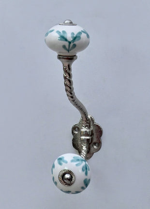 Mint Green Leaf Patterned Ceramic Knob With Metal Wall Hanger