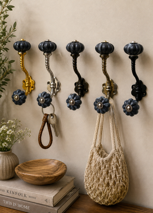 Rustic Grey Speckled Ceramic Knob With Metal Wall Hanger